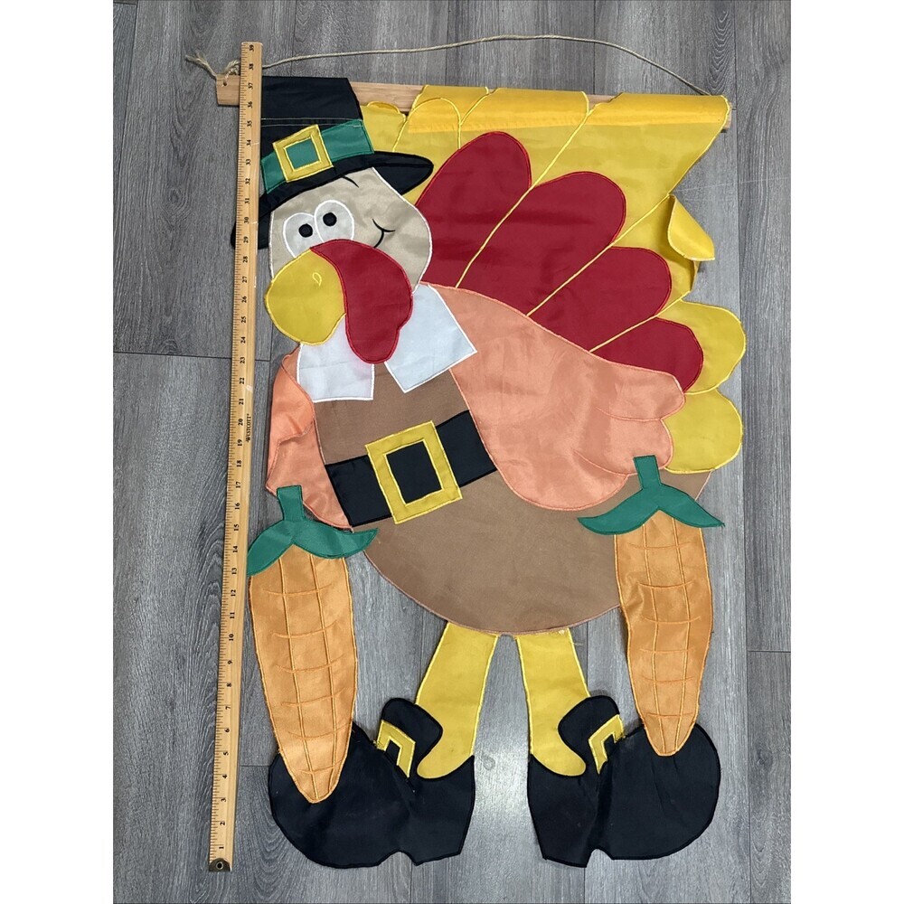Vtg Garden house flag Turkey Pilgrim cut out shape Thanksgiving Fall 38” Nylon